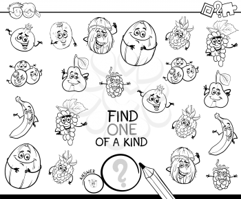 Black and White Cartoon Illustration of Find One of a Kind Educational Activity Game for Children with Fruits Comic Characters Coloring Book