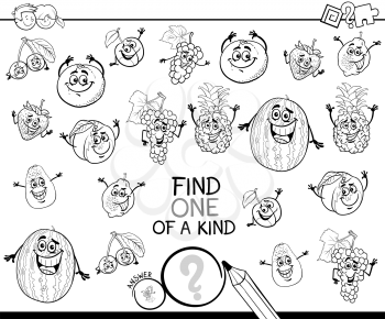 Black and White Cartoon Illustration of Find One of a Kind Educational Activity Game for Children with Fruits Funny Characters Coloring Book