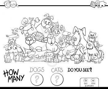Black and White Cartoon Illustration of Educational Counting Game for Children with Cats and Dogs Animal Characters Group Coloring Book
