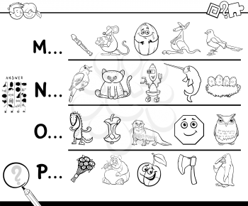 Black and White Cartoon Illustration of Finding Pictures Starting with Referred Letter Educational Game for Kids Coloring Book