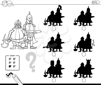 Black and White Cartoon Illustration of Finding the Shadow without Differences Educational Activity for Children with Medieval Knights Characters Coloring Book