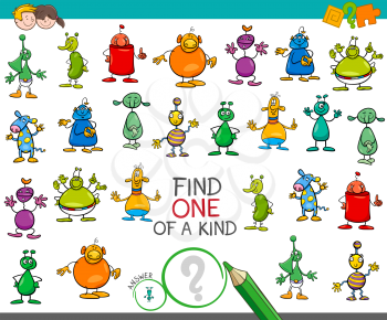 Cartoon Illustration of Find One of a Kind Educational Activity Game for Children with Aliens Fantasy Characters