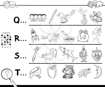 Black and White Cartoon Illustration of Searching Pictures Starting with Referred Letter Educational Game Worksheet for Kids Coloring Book