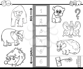 Black and White Cartoon Illustration of Educational Activity Game of Finding the Biggest and the Smallest Animal Species Characters Coloring Book