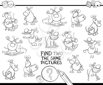 Black and White Cartoon Illustration of Finding Two Identical Pictures Educational Activity Game for Children with Funny Dog Characters Coloring Book