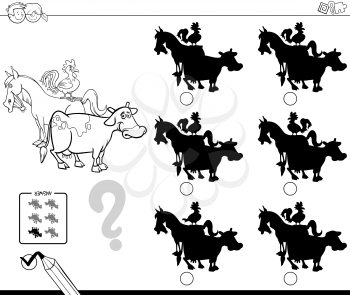 Black and White Cartoon Illustration of Finding the Shadow without Differences Educational Activity for Children with Farm Animal Characters Coloring Book