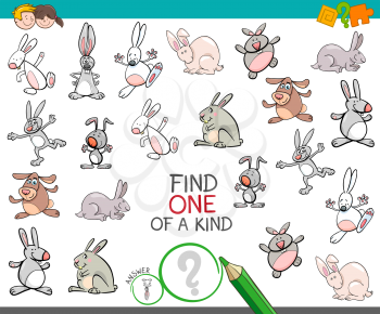 Cartoon Illustration of Find One of a Kind Picture Educational Activity Game for Children with Rabbits Animal Characters