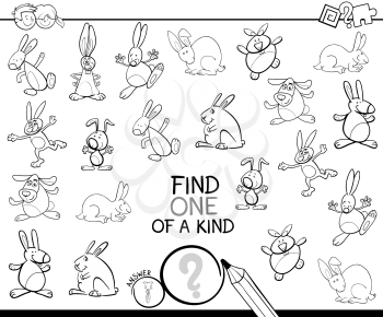Black and White Cartoon Illustration of Find One of a Kind Picture Educational Activity Game for Children with Rabbits Animal Characters Coloring Book