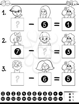 Black and White Cartoon Illustration of Educational Mathematical Subtraction Puzzle Game for Preschool and Elementary Age Children with Boys and Girls Characters Coloring Book