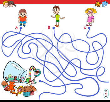 Cartoon Illustration of Paths or Maze Puzzle Activity Game with Children Characters and Sweet Food