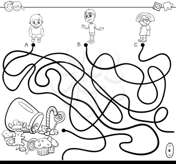 Black and White Cartoon Illustration of Paths or Maze Puzzle Activity Game with Children Characters and Sweet Food Coloring Book