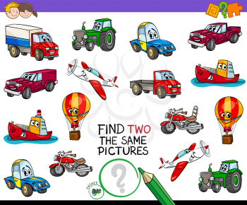 Cartoon Illustration of Finding Two Identical Pictures Educational Activity Game for Children with Transport Vehicle Characters