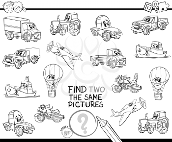 Black and White Cartoon Illustration of Finding Two Identical Pictures Educational Activity Game for Children with Transport Vehicle Characters Book