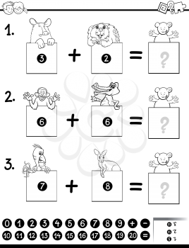 Black and White Cartoon Illustration of Educational Mathematical Addition Activity Game for Children with Wild Animal Characters Coloring Book