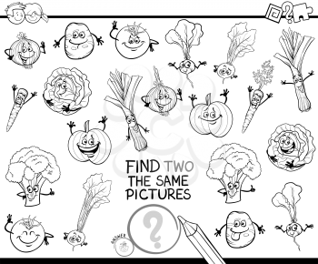 Black and White Cartoon Illustration of Finding Two Identical Pictures Educational Game for Children with Vegetable Characters Coloring Book