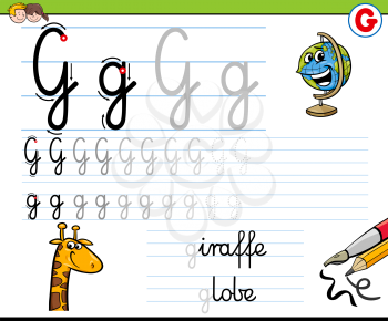 Cartoon Illustration of Writing Skills Practice with Letter G Worksheet for Preschool and Elementary Age Children