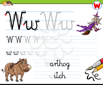 Cartoon Illustration of Writing Skills Practice with Letter W Worksheet for Preschool and Elementary Age Children