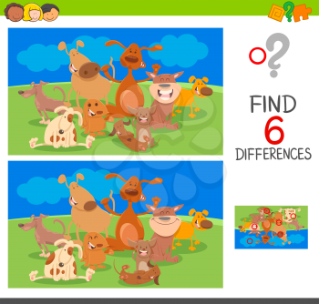 Cartoon Illustration of Spot the Differences between two Pictures Educational Game for Children with Dogs Animal Characters Group