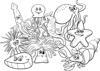 Black and White Cartoon Illustrations of Sea Life Animal Characters Group Coloring Book