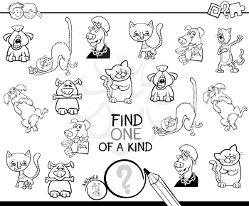 Black and White Cartoon Illustration of Find One of a Kind Educational Activity Game for Children with Comic Characters Coloring Book