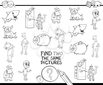 Black and White Cartoon Illustration of Finding Two Identical Pictures Educational Activity Game for Children with Funny Characters Coloring Book