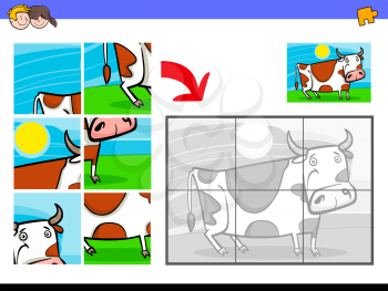 Cartoon Illustration of Educational Jigsaw Puzzle Activity Game for Children with Spotted Cow Farm Animal Character