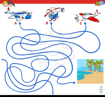 Cartoon Illustration of Paths or Maze Puzzle Activity Game with Aircraft Characters and Tropical Island