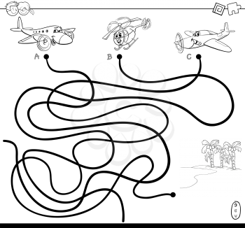 Black and White Cartoon Illustration of Paths or Maze Puzzle Activity Game with Aircraft Characters and Tropical Island Coloring Book
