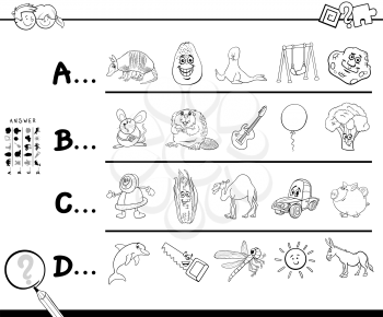 Black and White Cartoon Illustration of Finding Picture Starting with Referred Letter Educational Game Worksheet for Children with Objects and Animals Coloring Book