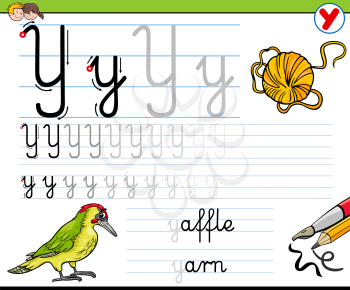 Cartoon Illustration of Writing Skills Practice with Letter Y Worksheet for Preschool and Elementary Age Children