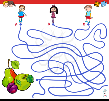 Cartoon Illustration of Paths or Maze Puzzle Activity Game with Children Characters and Fresh Fruits