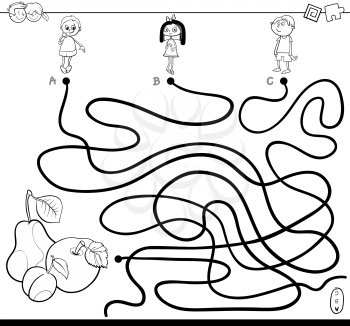 Black and White Cartoon Illustration of Paths or Maze Puzzle Activity Game with Children Characters and Fresh Fruits Coloring Book