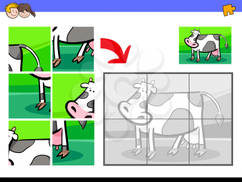 Cartoon Illustration of Educational Jigsaw Puzzle Activity Game for Children with Cow Farm Animal Character