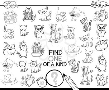 Black and White Cartoon Illustration of Find One of a Kind Picture Educational Activity Game for Children with Cats or Kittens Funny Animal Characters Coloring Book