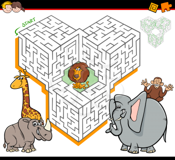 Cartoon Illustration of Education Maze or Labyrinth Activity Game for Children with Safari Animals