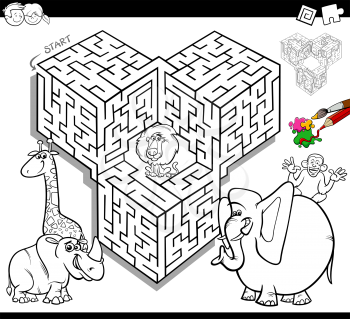 Black and White Cartoon Illustration of Education Maze or Labyrinth Activity Game for Children with Safari Animals Coloring Book