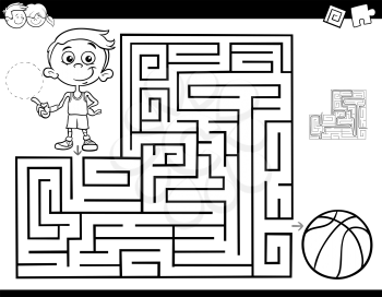 Black and White Cartoon Illustration of Education Maze or Labyrinth Activity Game for Children with Little Boy and Basketball Coloring Book