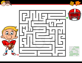 Cartoon Illustration of Education Maze or Labyrinth Activity Game for Children with Little Boy and Football