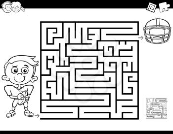 Black and White Cartoon Illustration of Education Maze or Labyrinth Activity Game for Children with Little Boy and Football Coloring Book