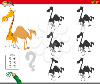 Cartoon Illustration of Finding the Shadow without Differences Educational Activity for Children with Giraffe and Camel Animal Characters
