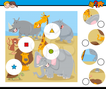 Cartoon Illustration of Educational Match the Pieces Jigsaw Puzzle Game for Children with Safari Animals Characters