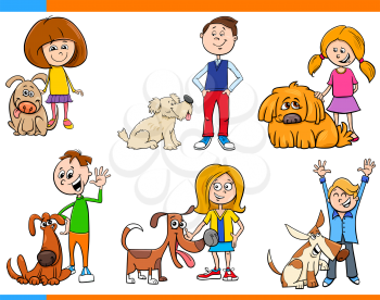 Cartoon Illustration of Children with Dog Characters Set