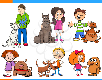 Cartoon Illustration of Children with Dog Animals Characters Set