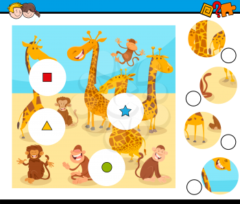 Cartoon Illustration of Educational Match the Pieces Jigsaw Puzzle Game for Children with Monkeys and Giraffes Animal Characters