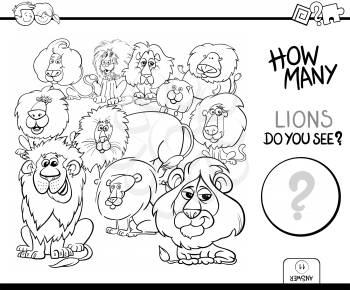 Black and White Cartoon Illustration of Educational Counting Activity Game for Children with Lions Animal Characters Coloring Book
