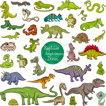 Cartoon Illustration of Reptiles and Amphibians Animal Characters Big Set