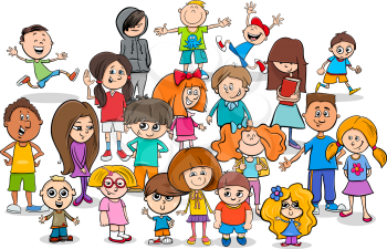 Cartoon Illustration of Preschool or Elementary Age Children Characters Group