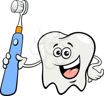 Cartoon Illustration of Happy Tooth Character with Electric Toothbrush