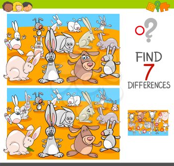 Cartoon Illustration of Finding Seven Differences Between Pictures Educational Activity Game for Kids with Rabbits Animal Characters Group