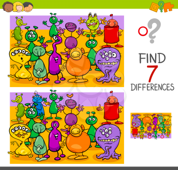 Cartoon Illustration of Finding Seven Differences Between Pictures Educational Activity Game for Kids with Alien or Monster Characters Group